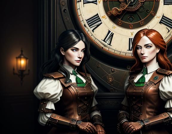 Steampunk Twin Sisters in Time Machine: Dark Fantasy Art
