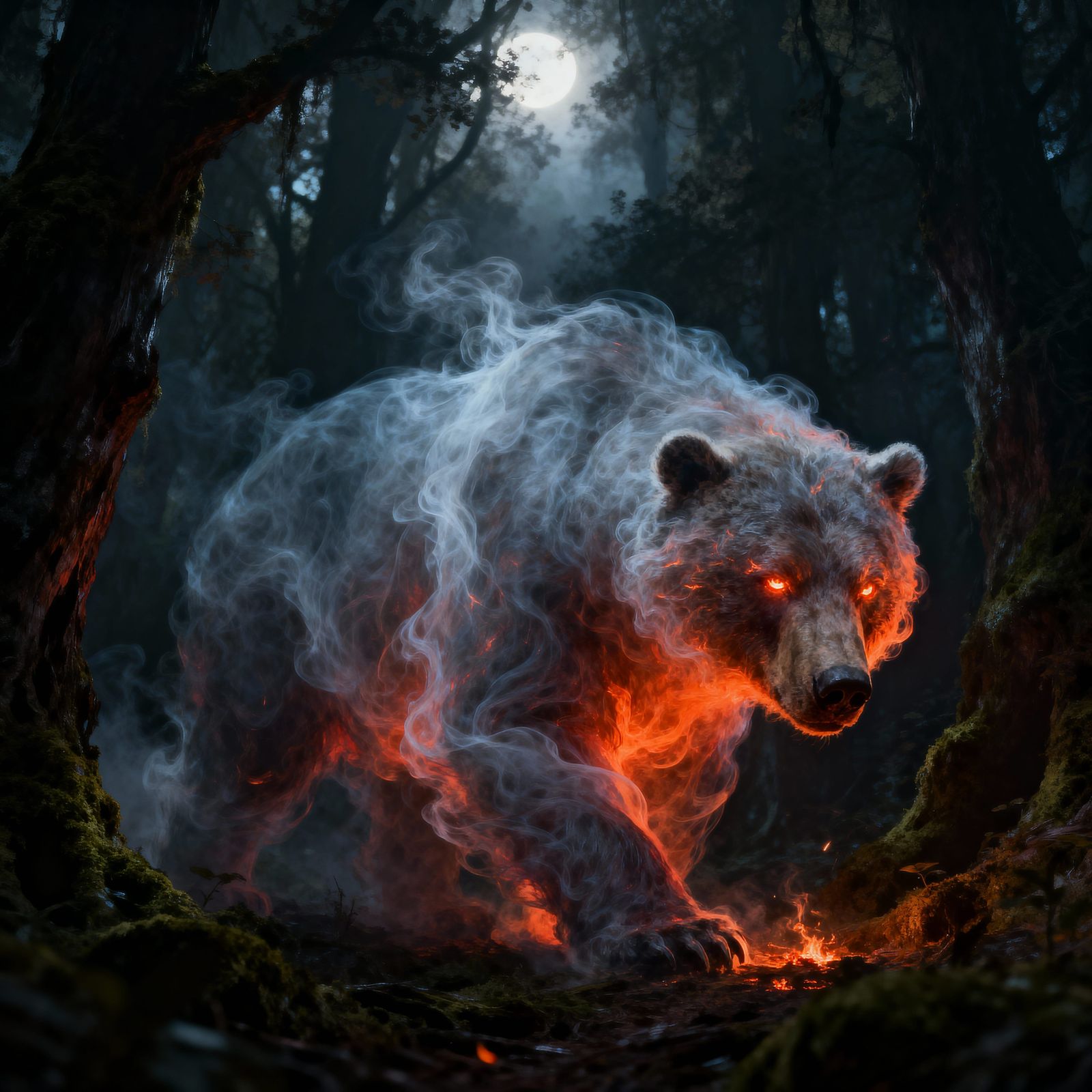 Grizzly Bear Made of Smoke in Forest