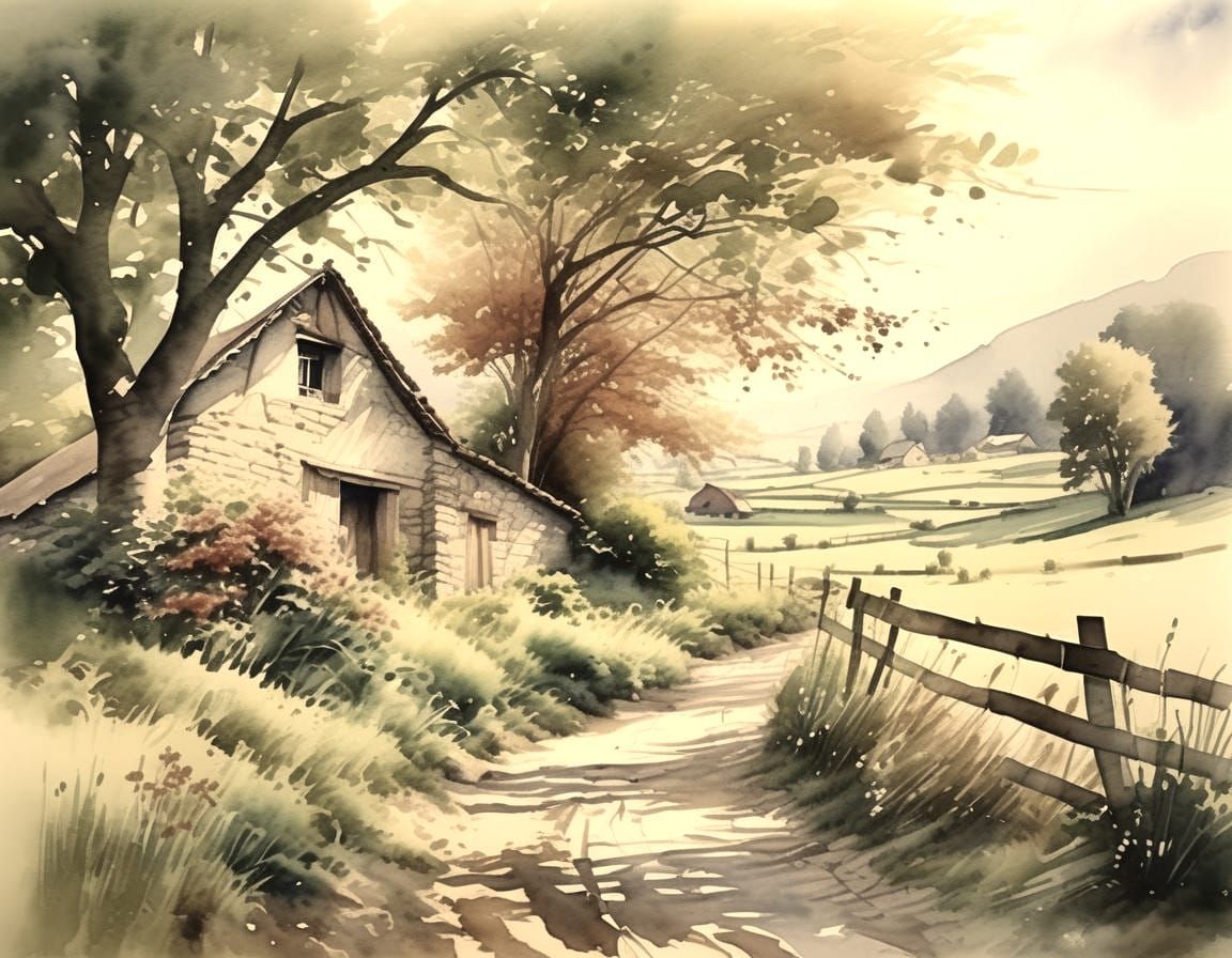 Picturesque Watercolor Countryside Landscape Painting