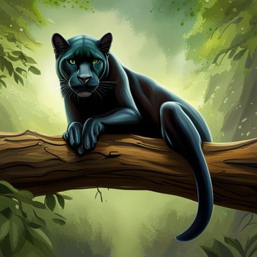 Panther on Branch with Green Eyes, Hyperrealistic Art