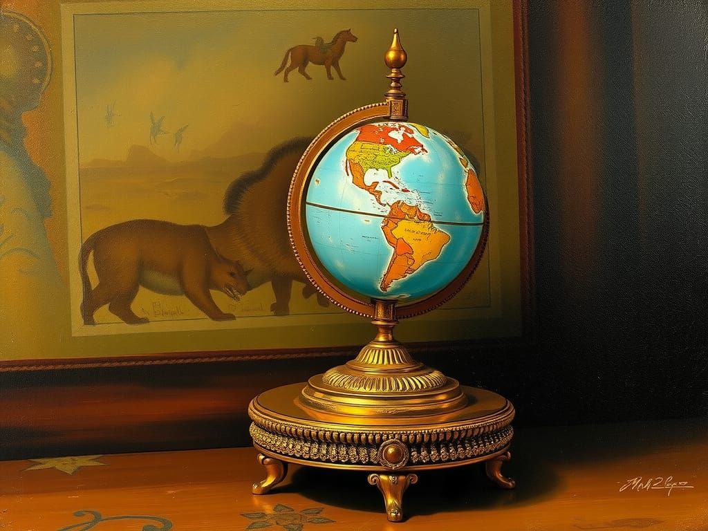 Rotating Globe Music Box in 1800s Oil Painting Style