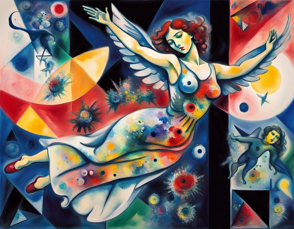 Woman Flying in Glitched Ink Style