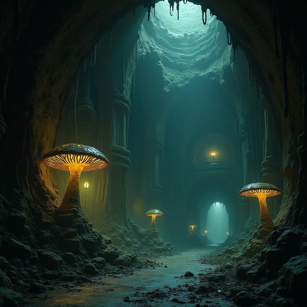 Skaven Cavern: Bioluminescent Mushrooms in Warhammer Style