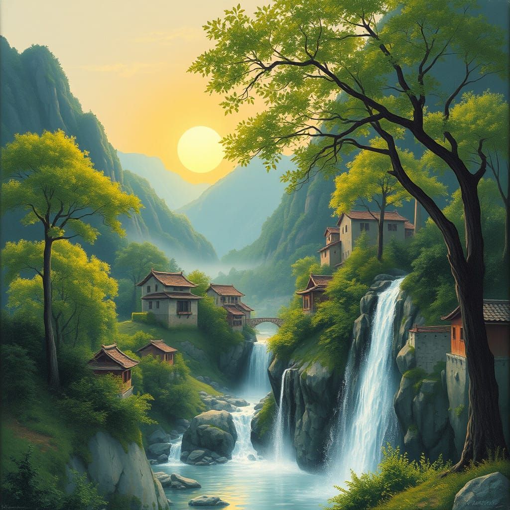 Romantic Chinese Village with Waterfall in Impressionist Oil...
