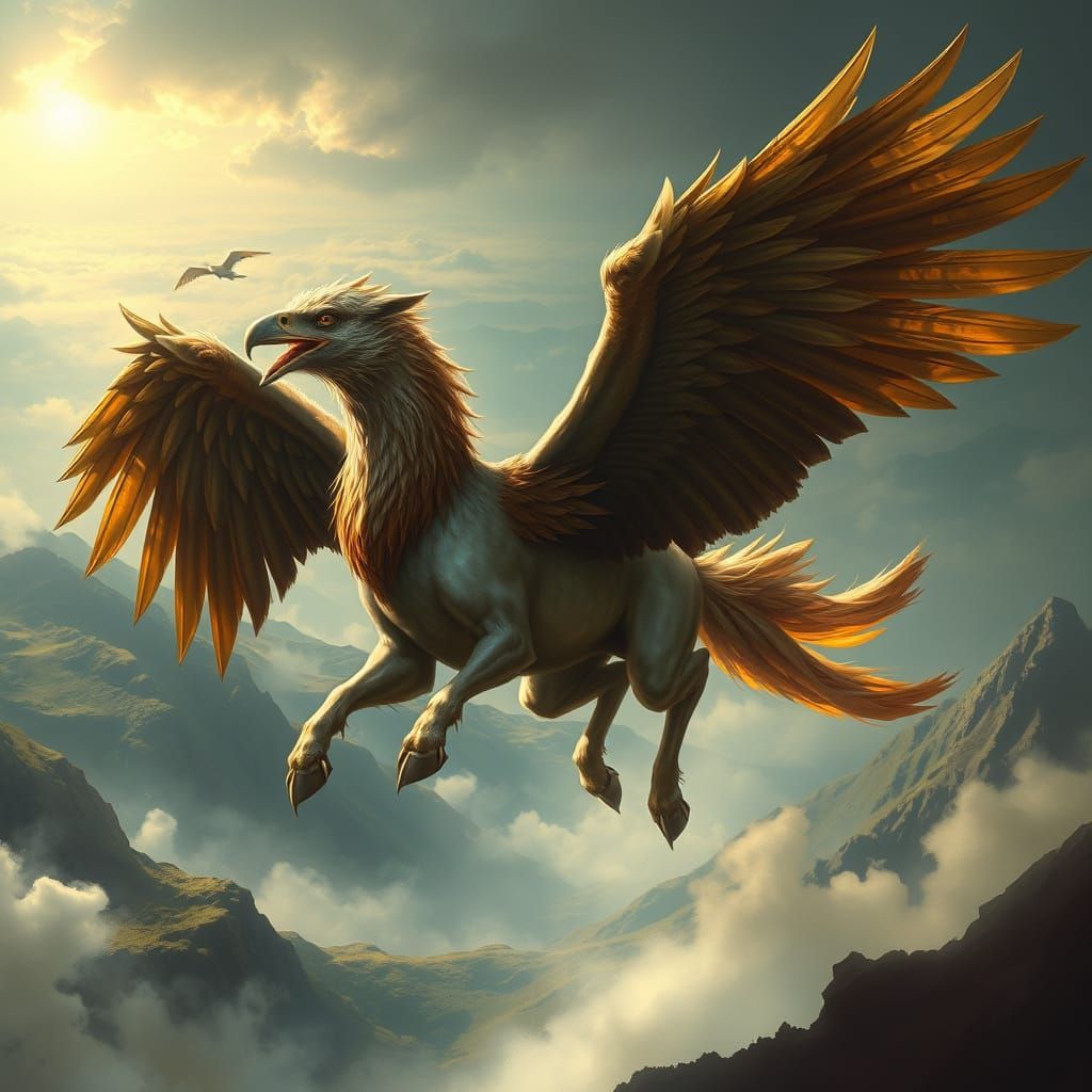 Golden Hippogriff in Flight Over Misty Valley