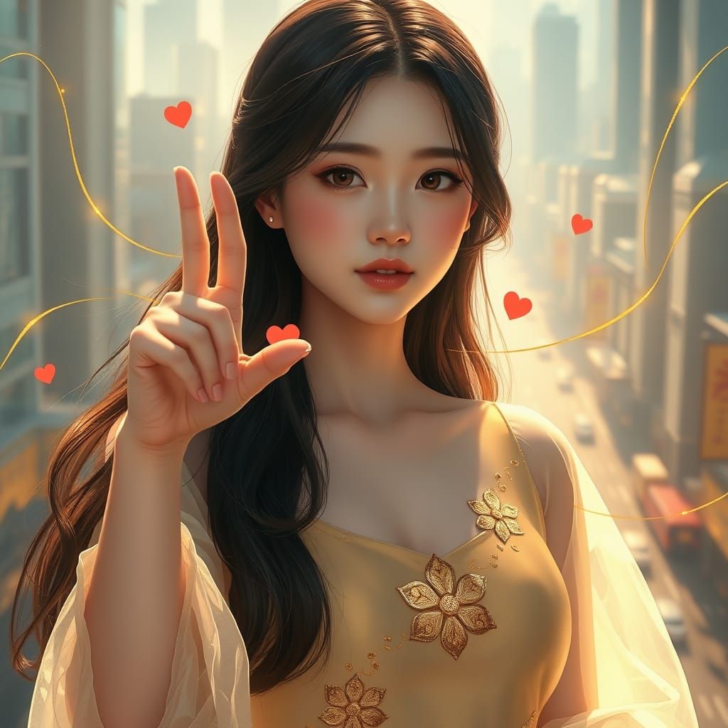 Romantic Japanese Woman with Golden Dress in Cityscape