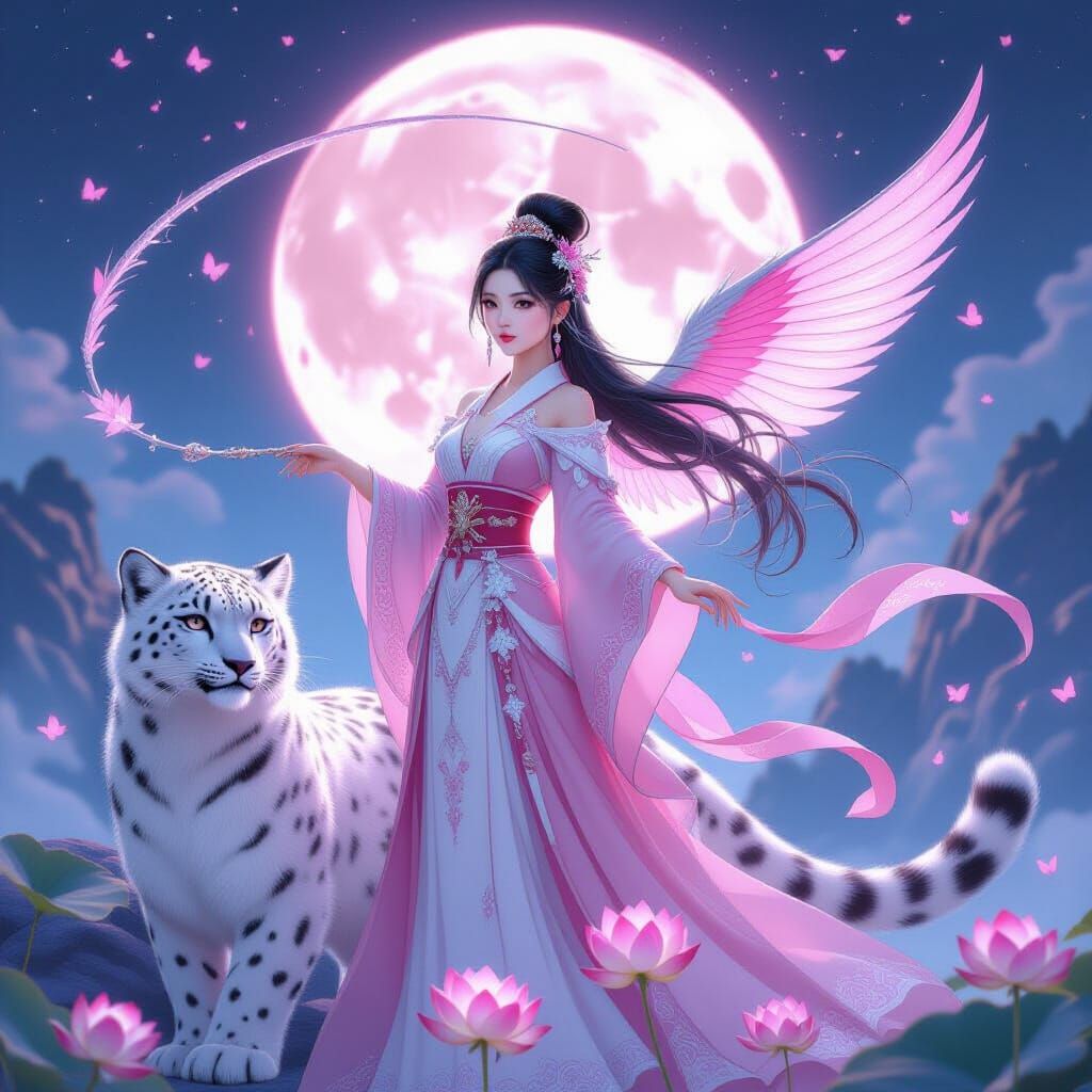 Ethereal Girl with Snow Leopard Under Pink Moon