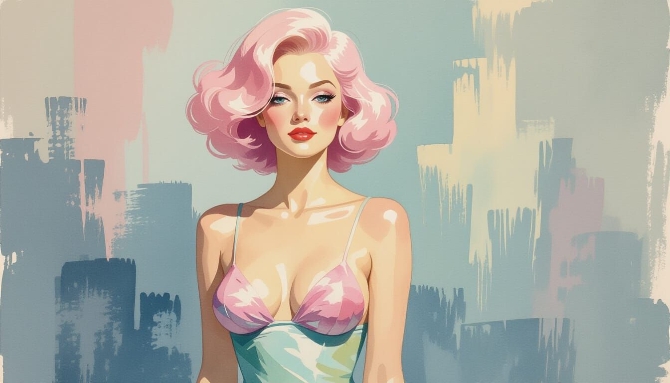 Mermaid with Pastel Pink Hair in Abstract Expressionist Styl...