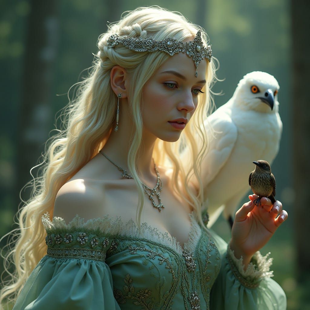 Ethereal Welsh Goddess in Celtic Gown with Delicate Embroide...