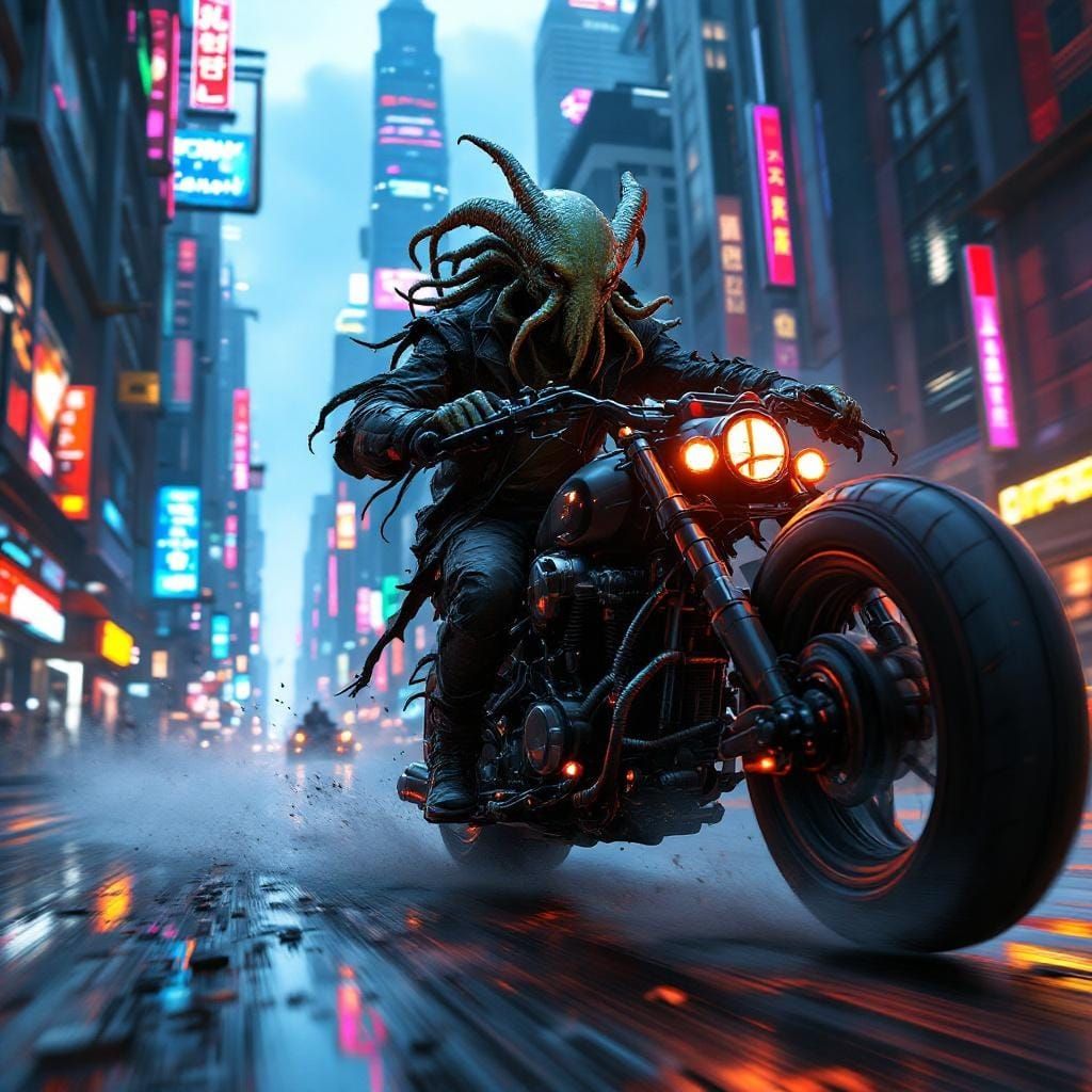 Cthulhu Alien Rides Sci-Fi Trike in Dystopian Metropolis