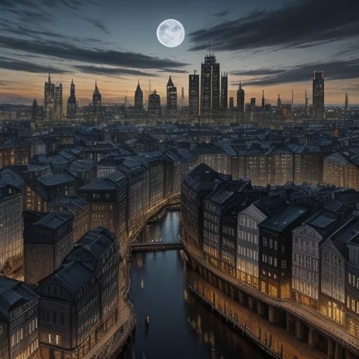 Oslo at Night Painting with Metal Towers