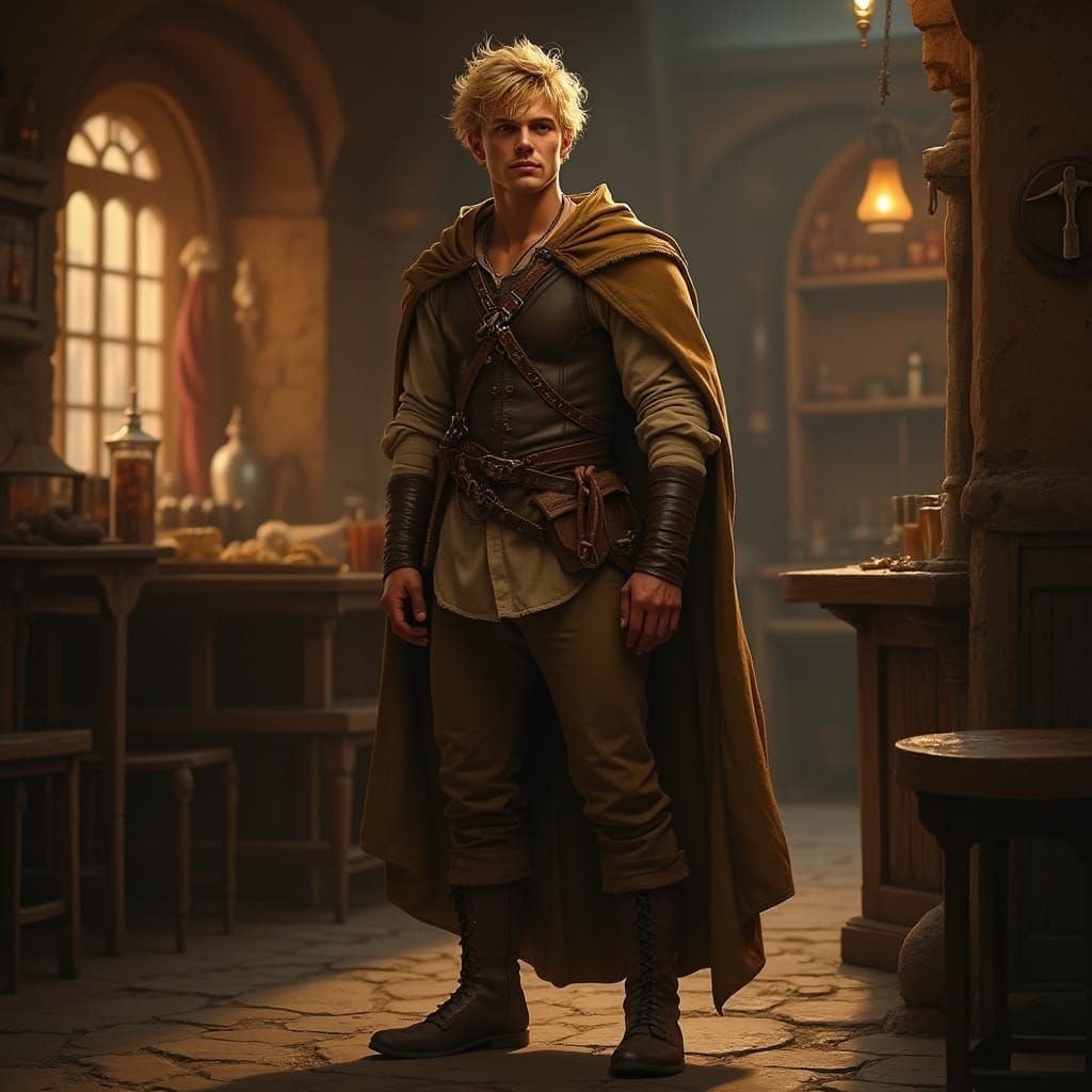 Young Man in a Rustic Tavern, Evoking Renaissance and Romant...