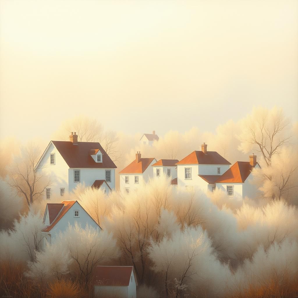 Ethereal White Houses in a Hazy Landscape