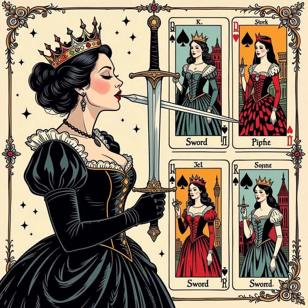 Queen of Swords Swallowing Sword in Tim Burton Style