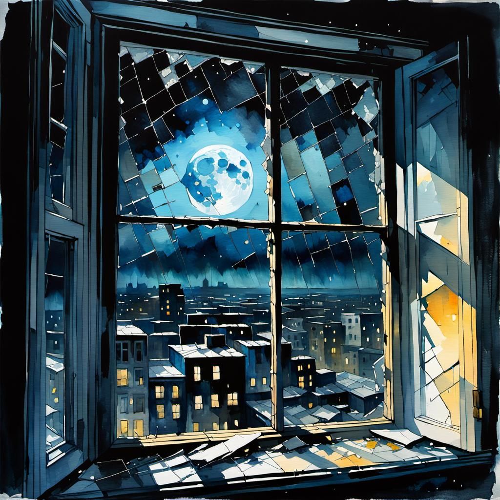 Eerie Midnight: Shattered Window in Watercolor Style