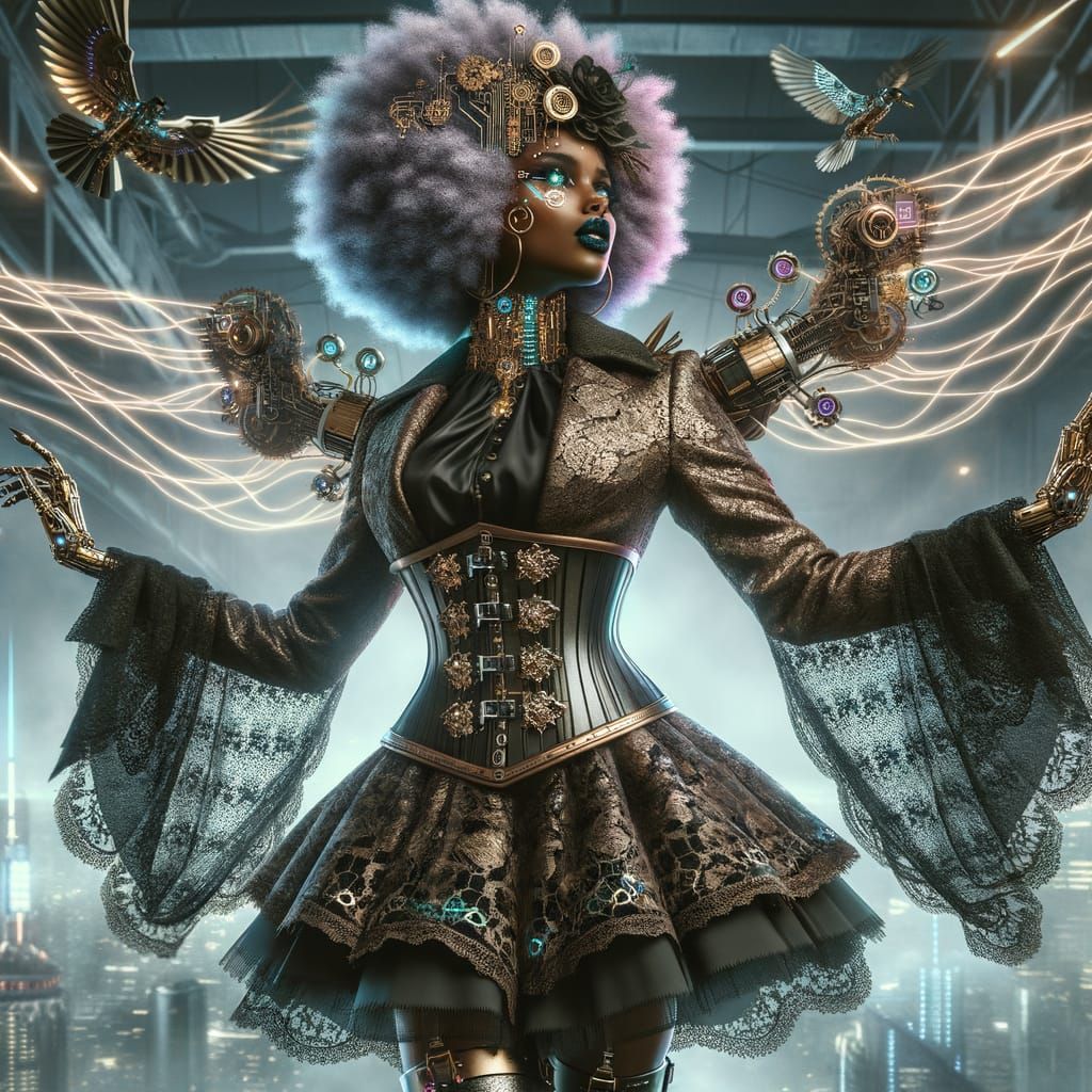 Steampunk Cyberpunk Character Throws Electric Knives