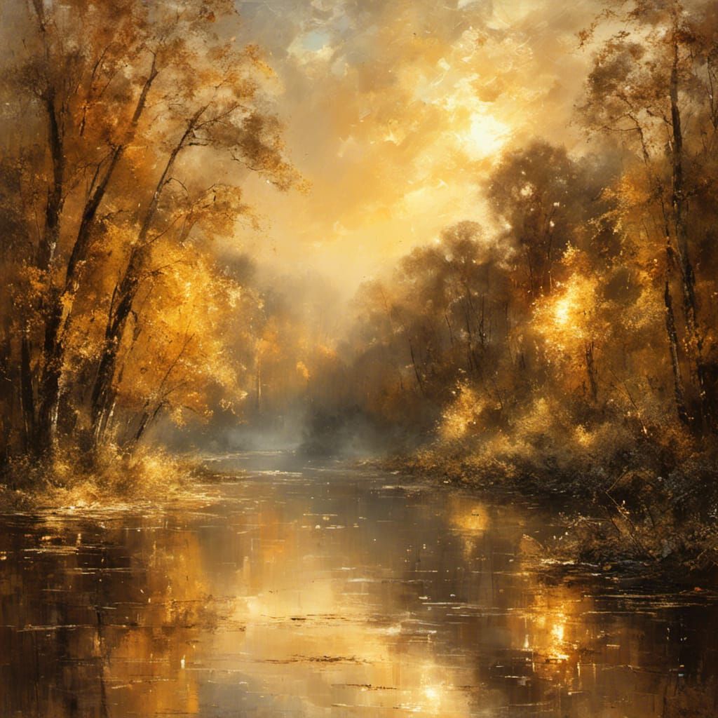 Golden Sunrise River in Exquisite Painting Style