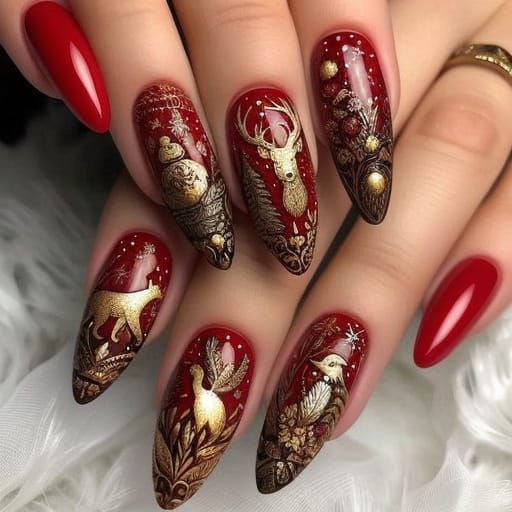 Luxurious Gold Yule Woodland Design on Red Nails