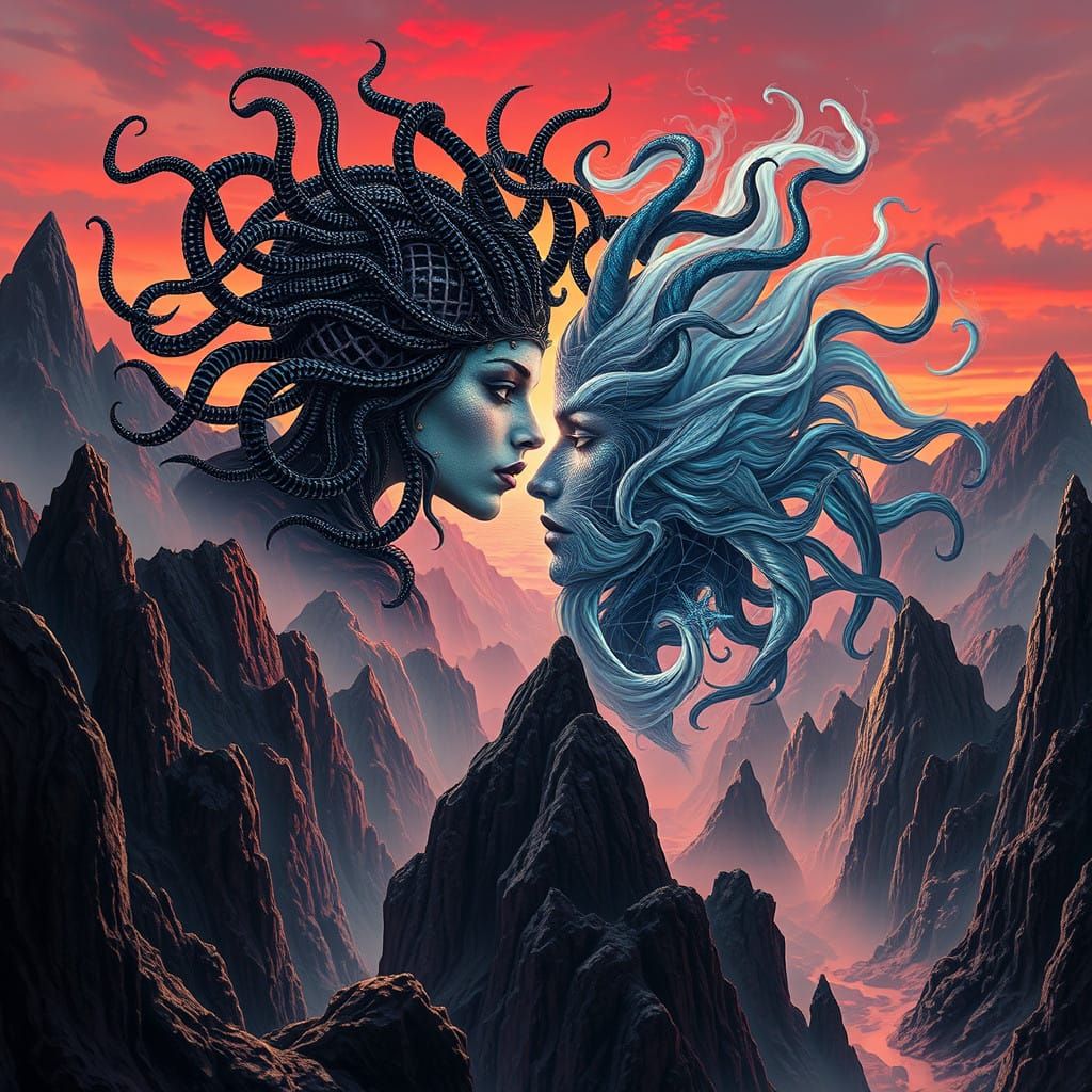 Medusa Confronts Hecate in Bauhaus-Inspired Vaporwave Landsc...