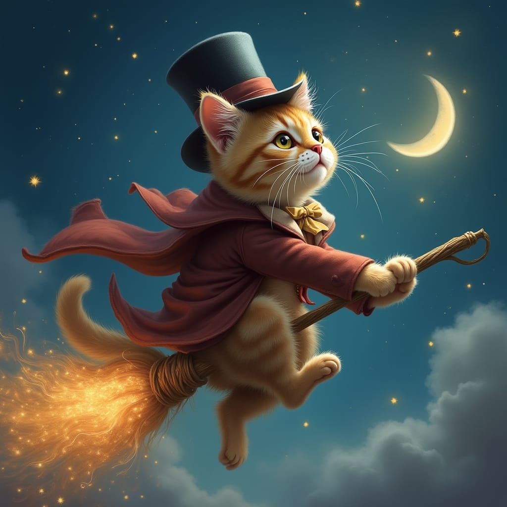 Cat Rides Broomstick in Whimsical Fantasy Landscape