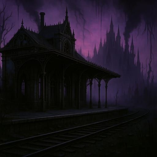 Mysterious Gothic Train Station in Purple Twilight