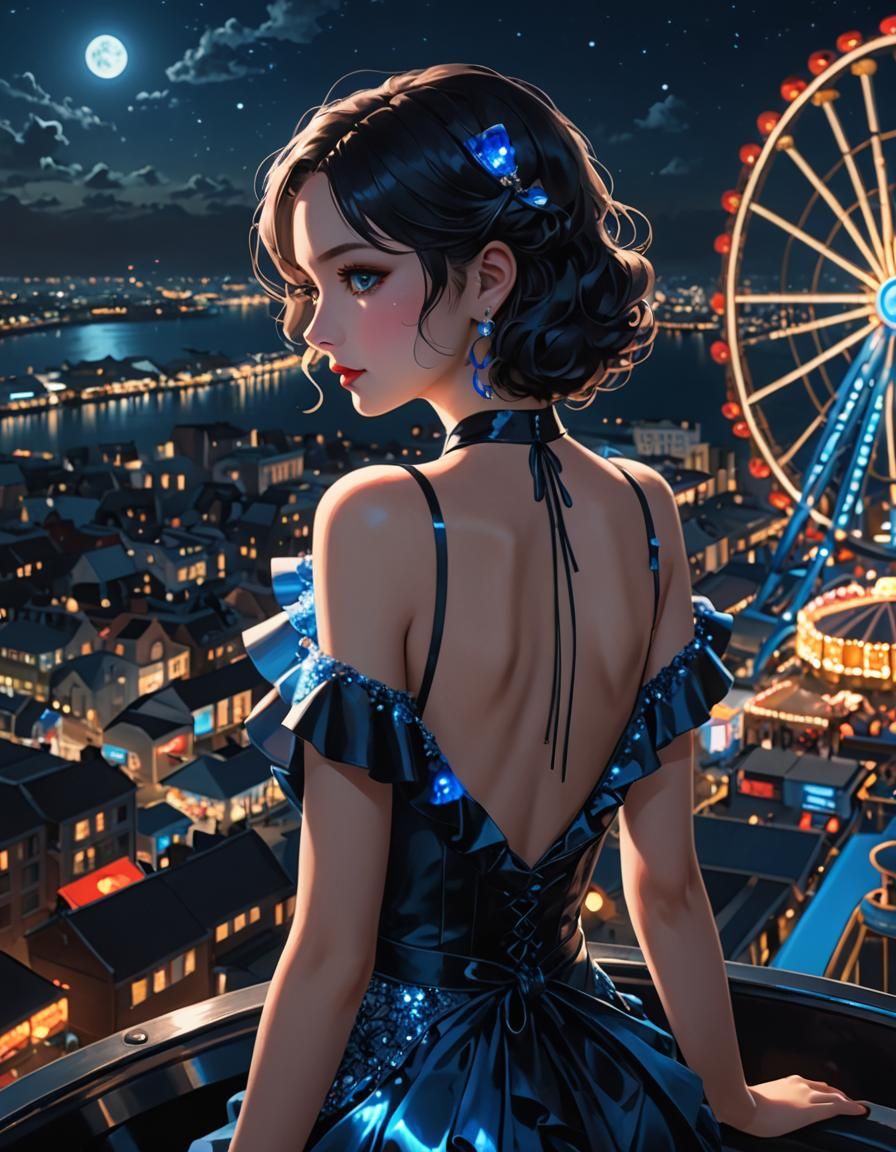 Glowing Blue Dress at Night Fair, Anime Art