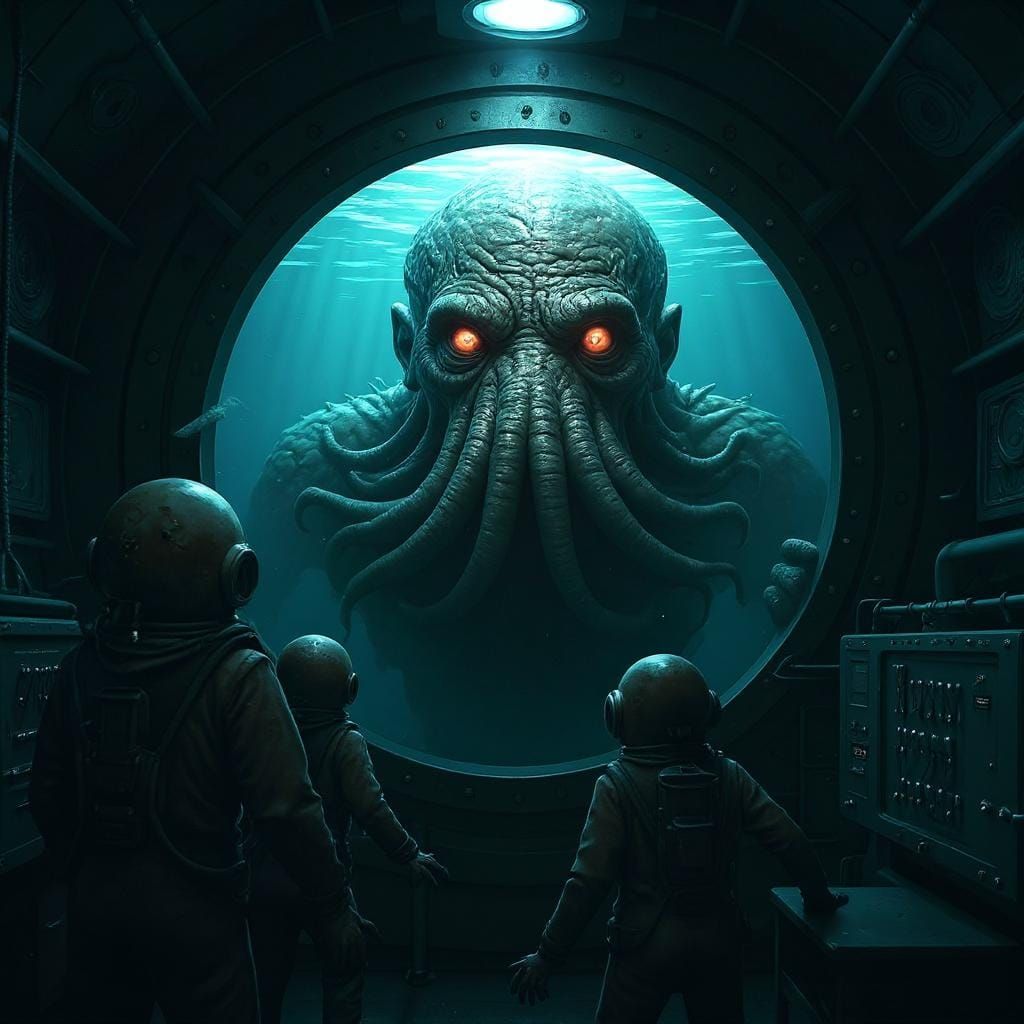 Grotesque Cthulhu Stares Through Submarine Porthole