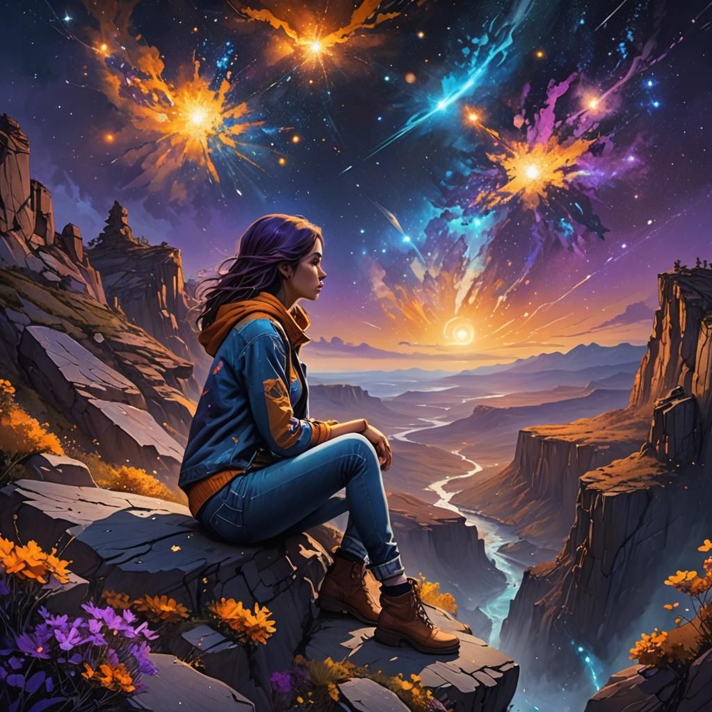 Woman on Cliff's Edge Observes Approaching Cosmos