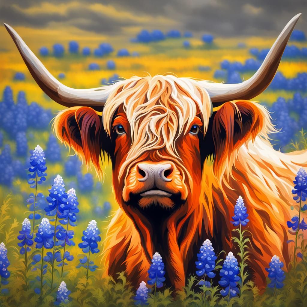 Highland Cow in Bluebonnet Field: Hyperrealistic Splash Art