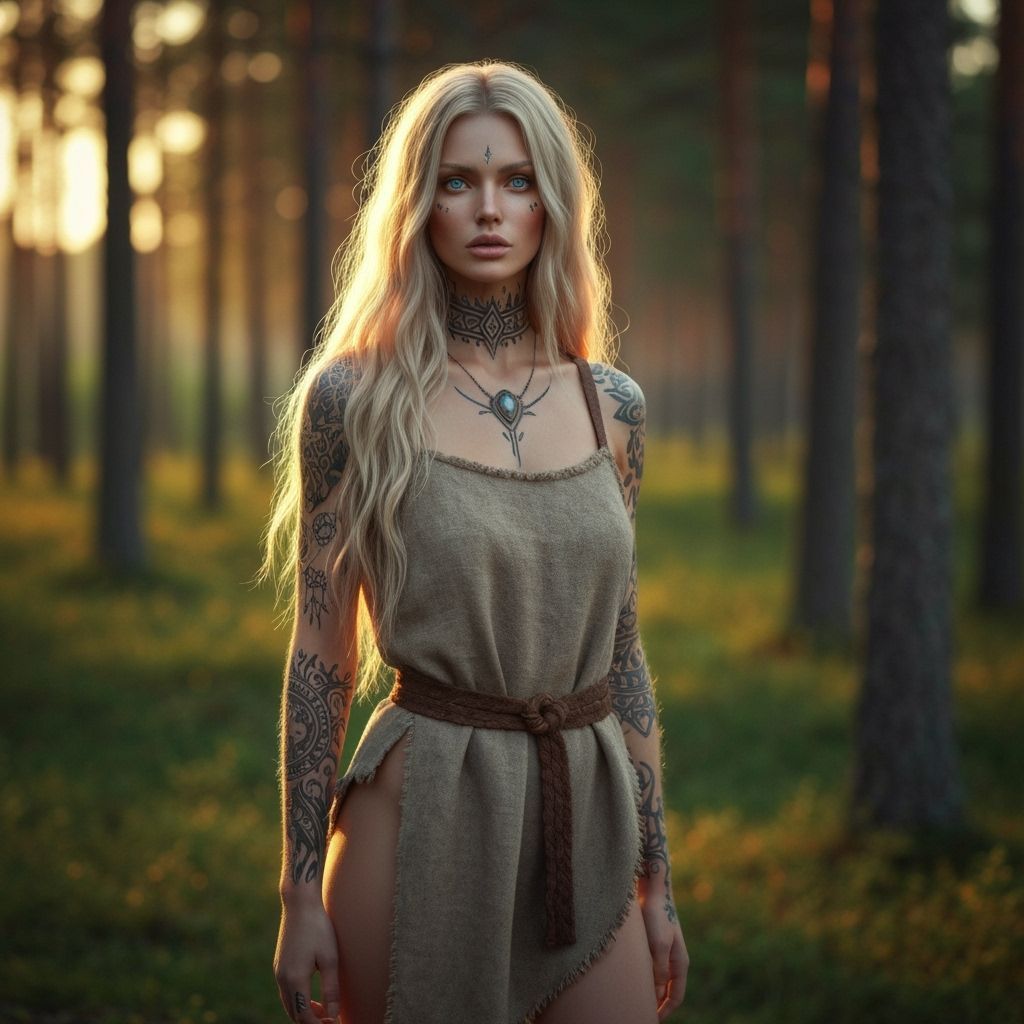 Scandinavian Woman in Nordic Forest at Golden Hour