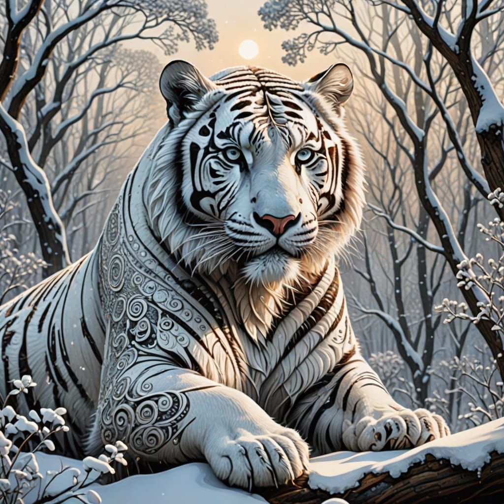 Abstract Fractal Tiger in Snowy Forest