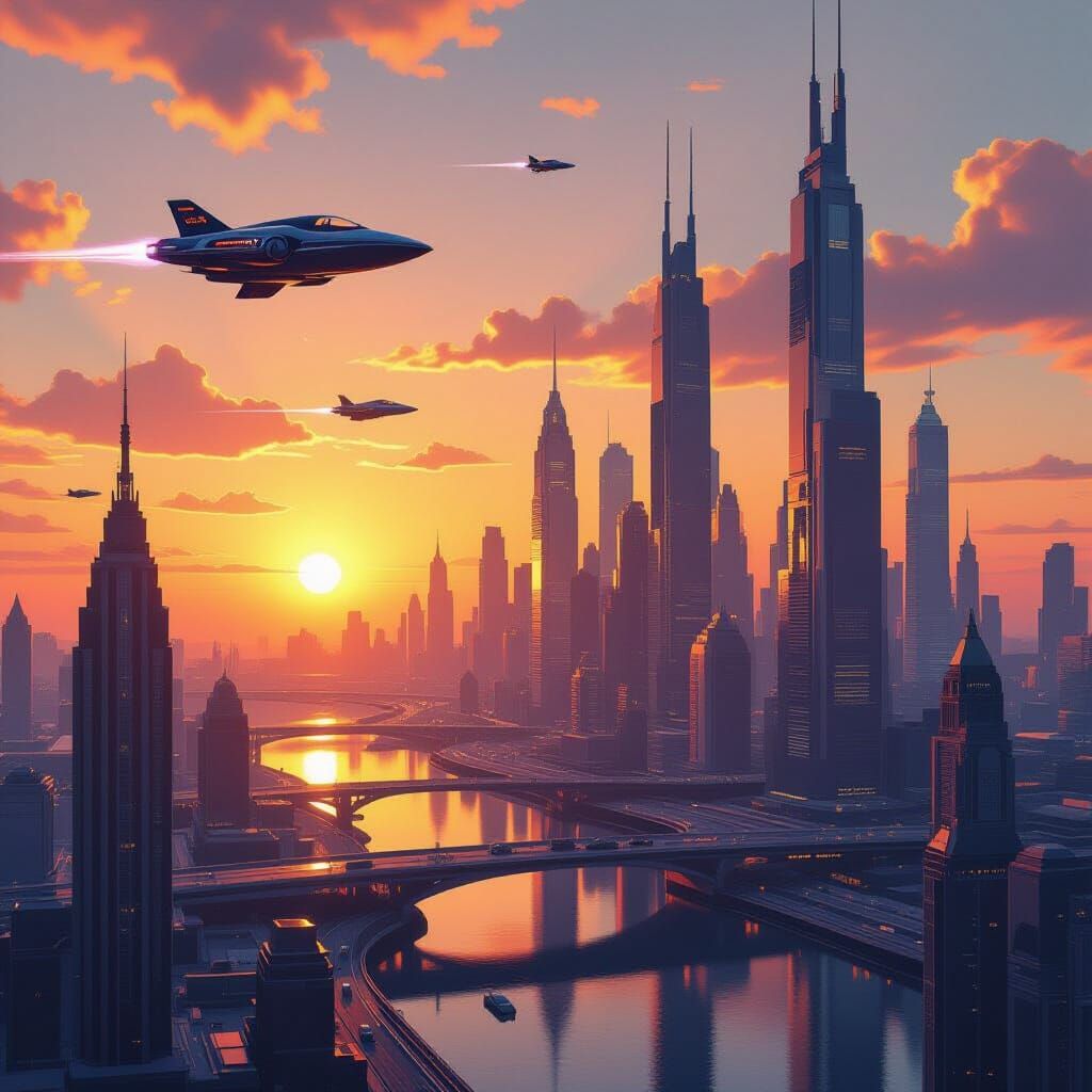 Futuristic Metropolis Sunset in Retro-Futurism Style