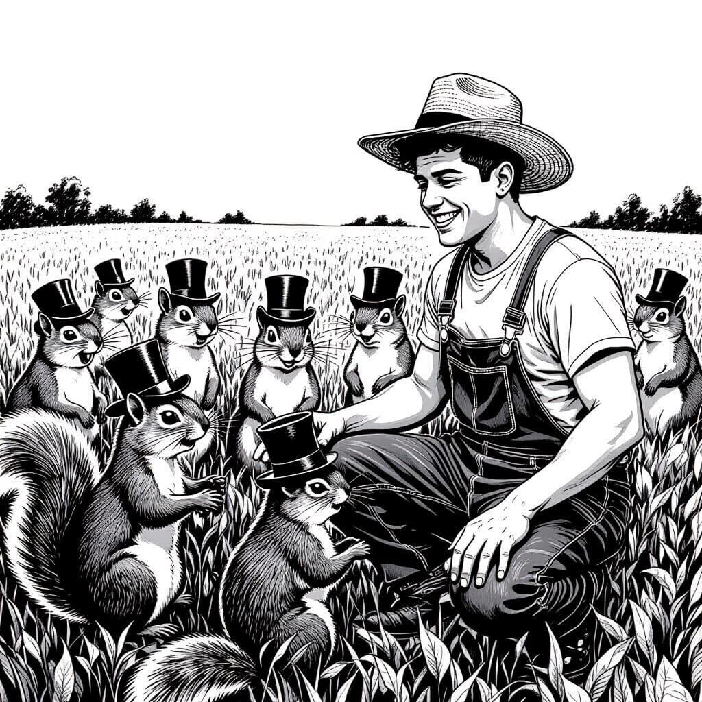 Farmer and Squirrels in Cartoon Style