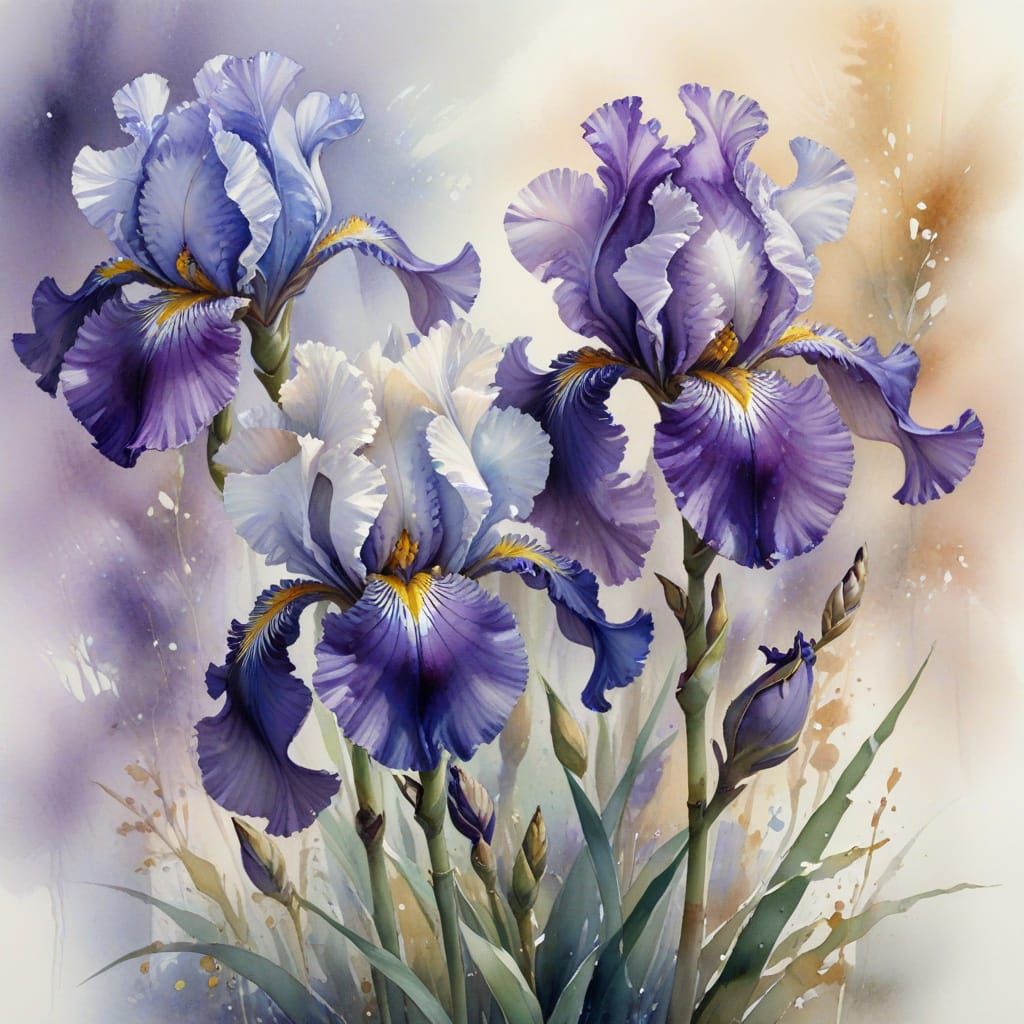 Ethereal Watercolor Irises with Delicate Ink Detail