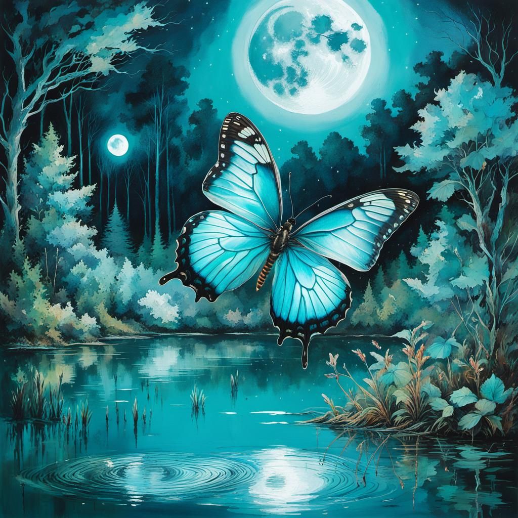 Bioluminescent Butterfly Soaring Under Silver Moon
