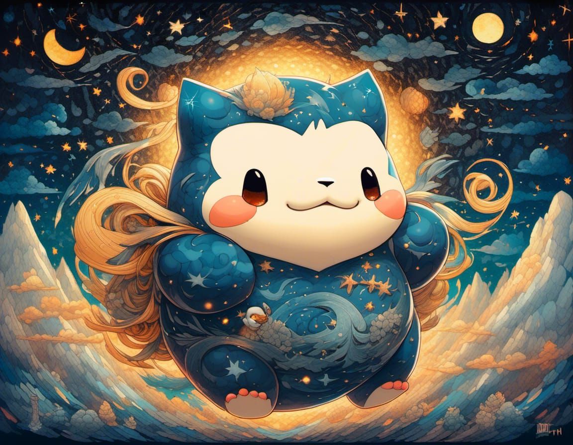 Chibi Snorlax in Starry Night Fantasy Illustration