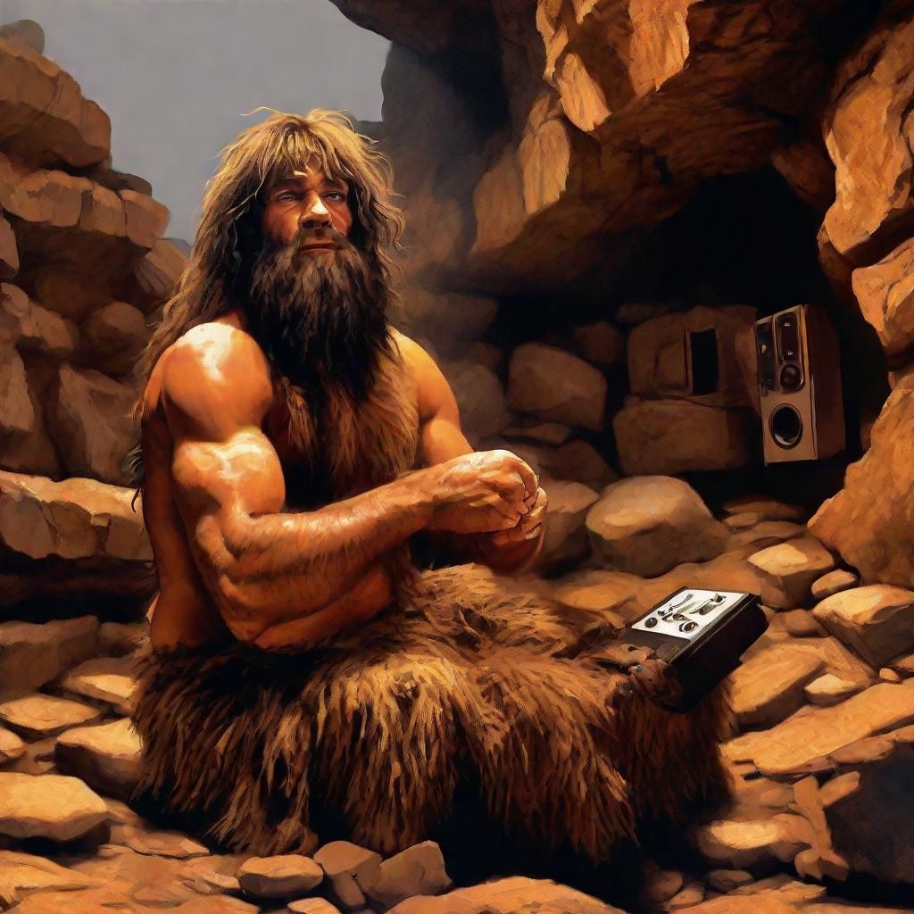 Prehistoric Caveman with Stone Age Walkman