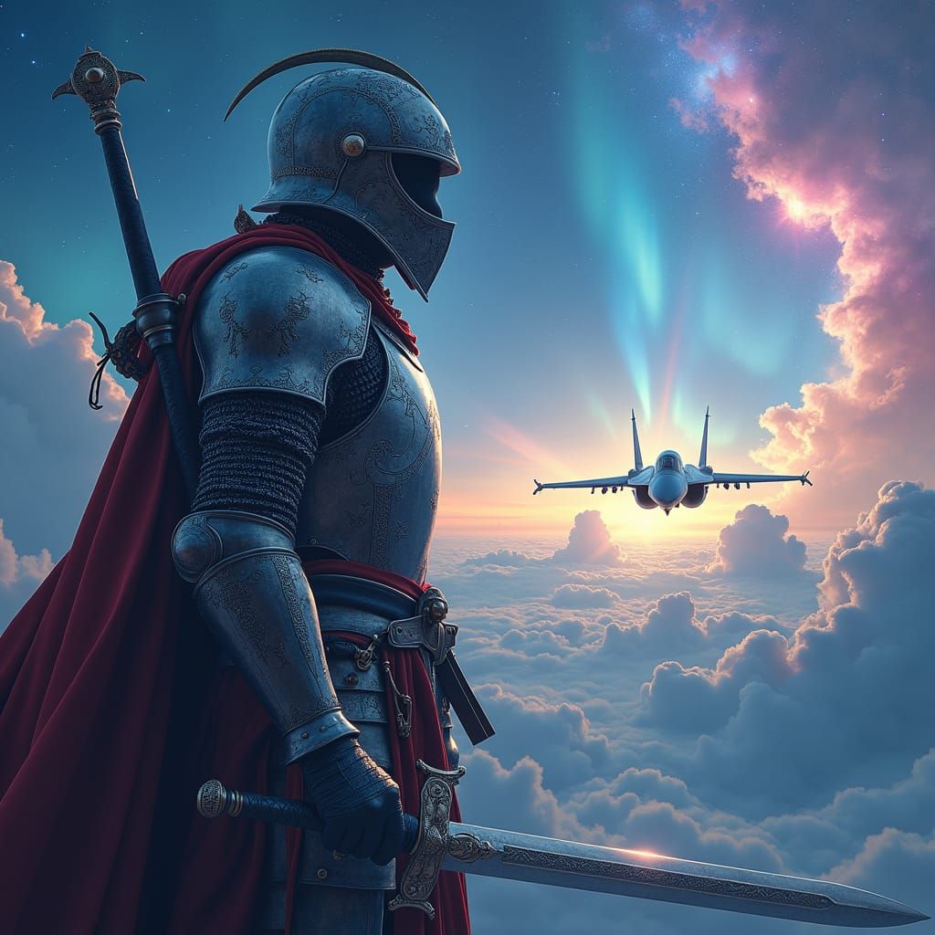 Heroic Knight Pilot in Cosmic Aurora, Surreal Art