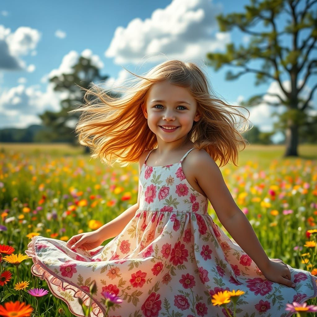 Hopeful Girl Twirls in Vibrant Wildflower Meadow