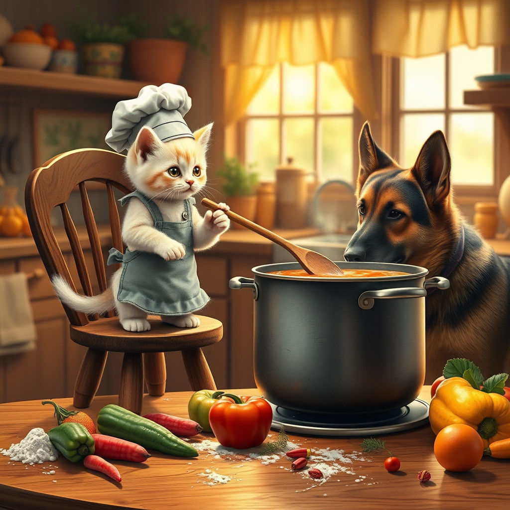 Kitten Chef Makes Soup in Cozy Kitchen