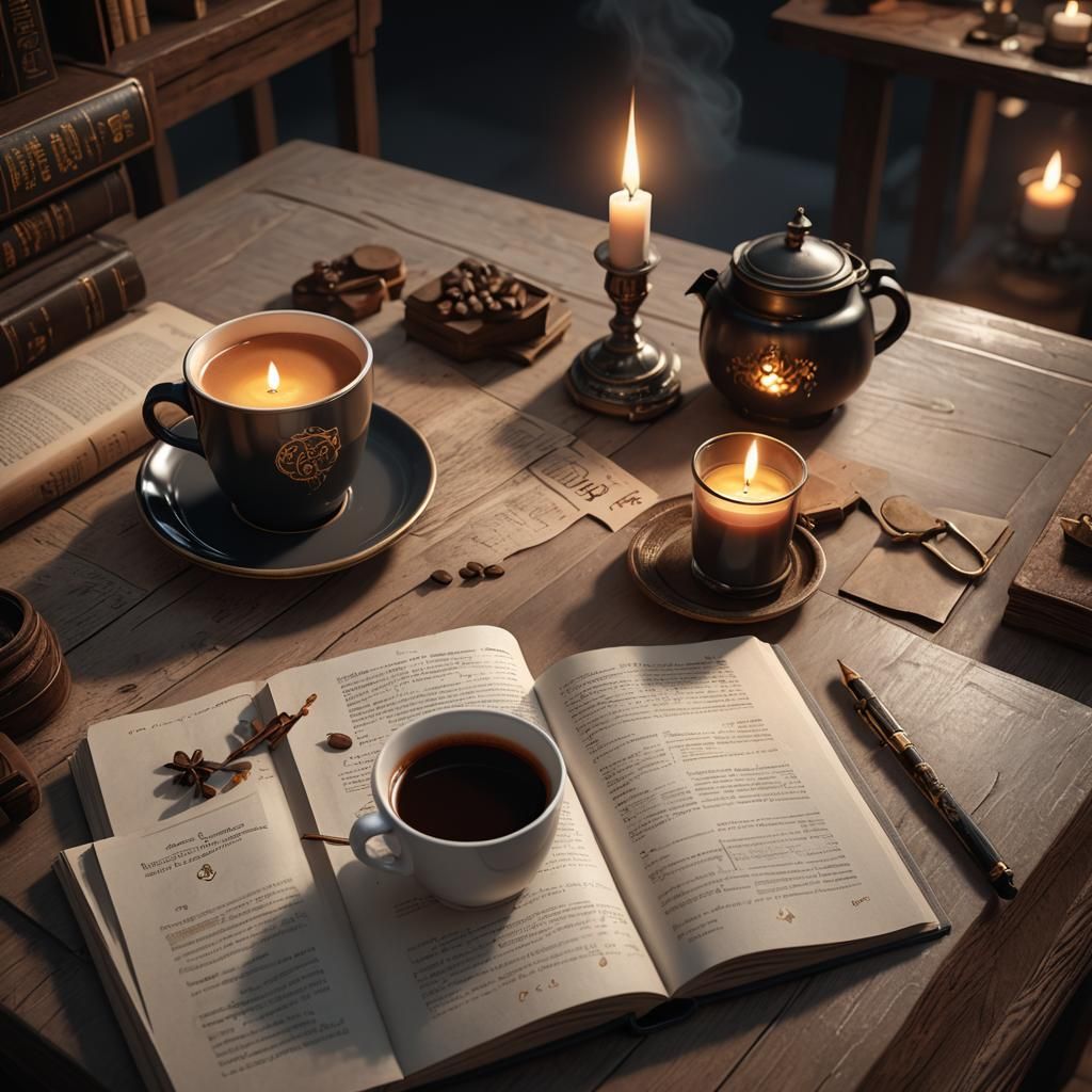 Coffee, Book, and Candle in 3D Rendering