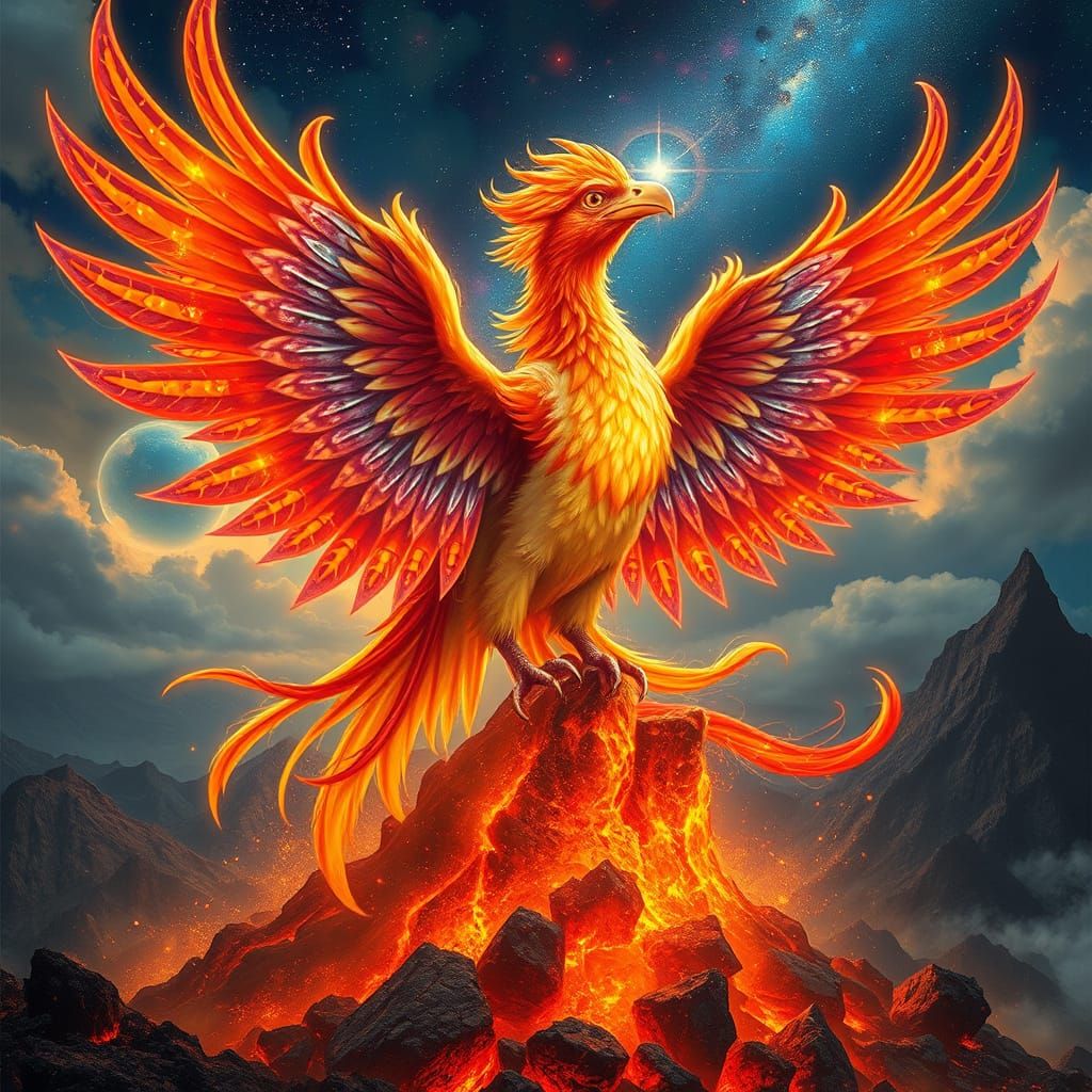 Ethereal Phoenix Rises from Ancient Volcano in Cosmic Art No...