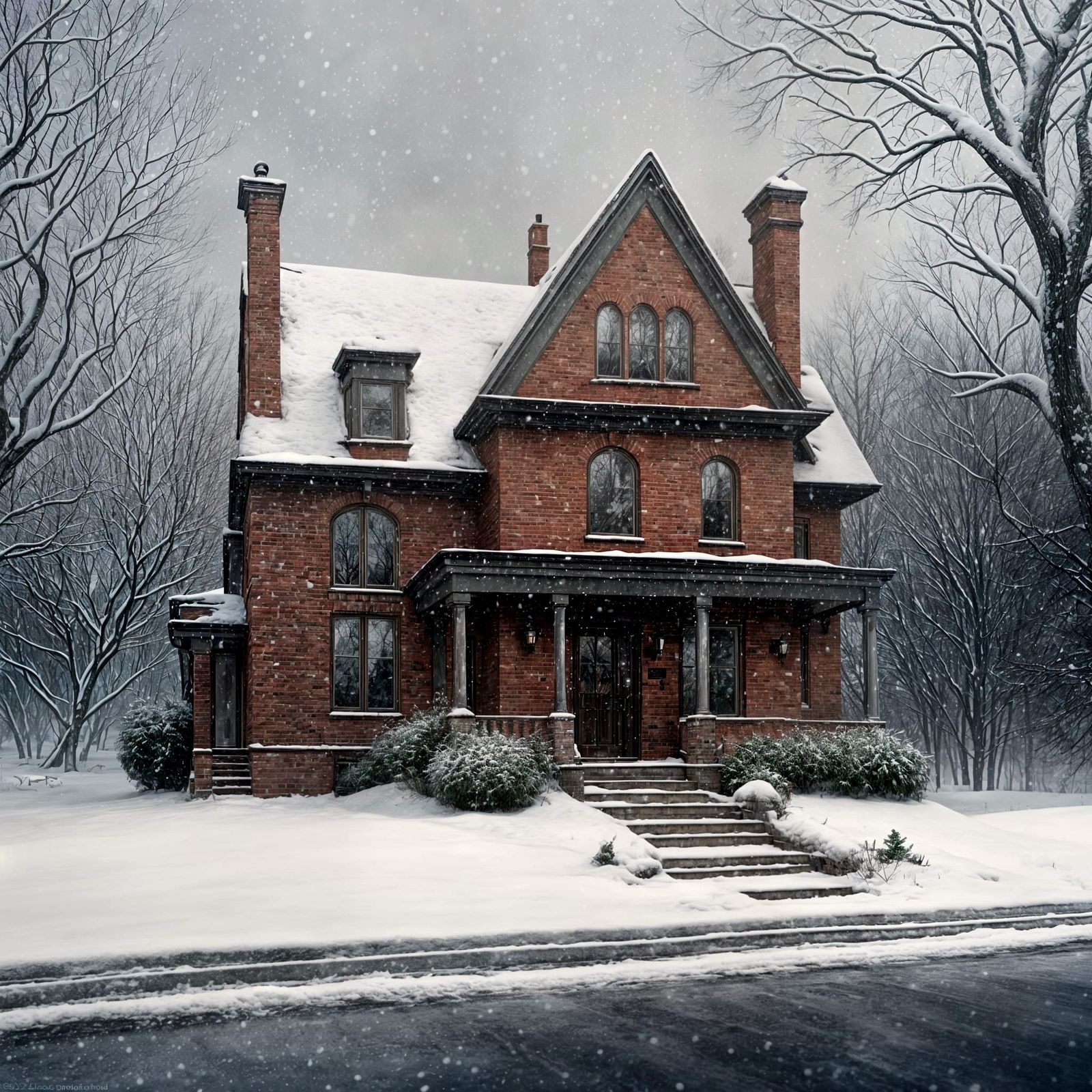 Cozy Brick House in Winter Snowfall