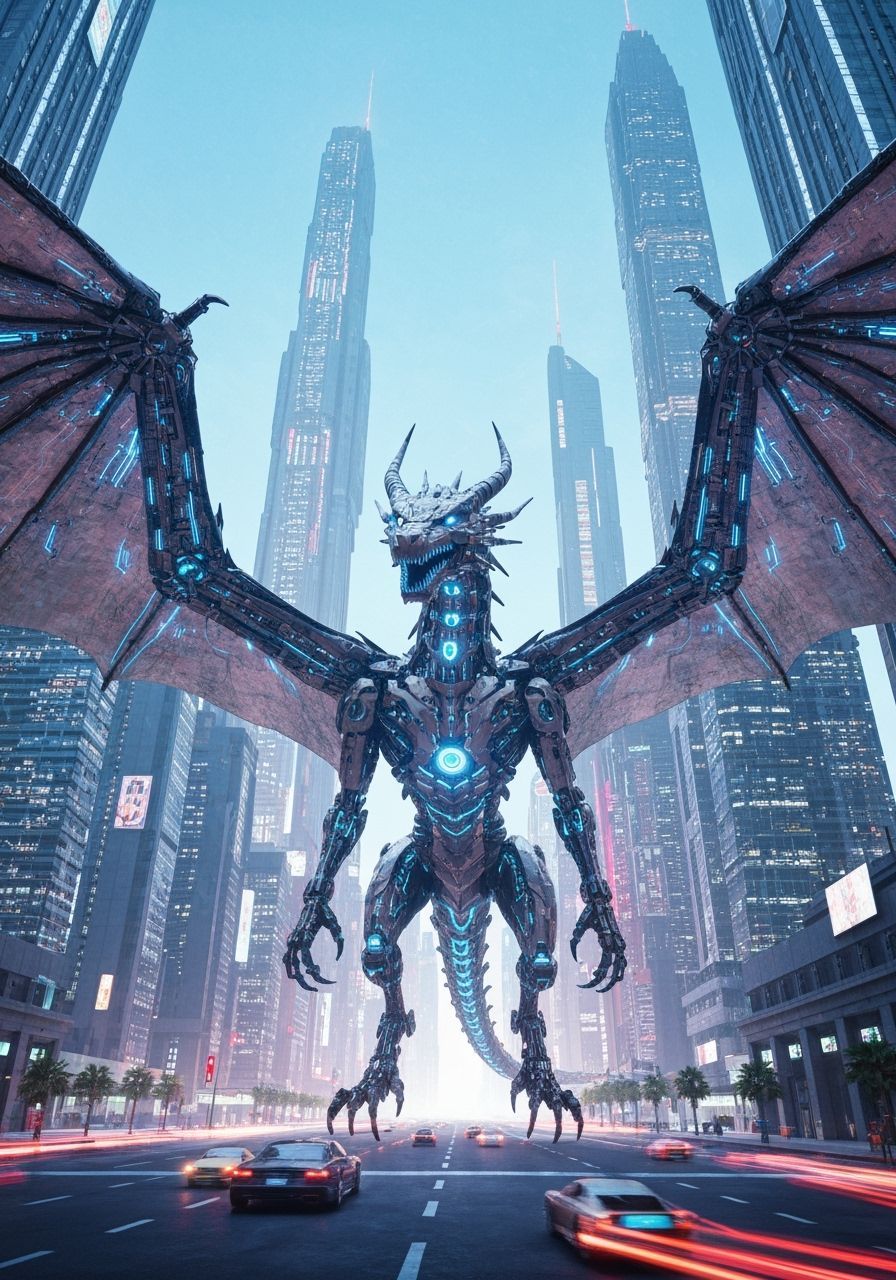 Mechanical Cyber Dragon in Futuristic Cityscape