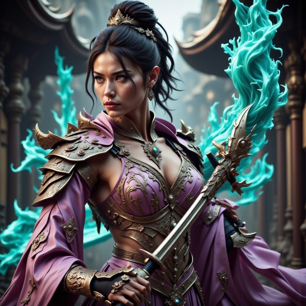 Elegant American Lady in Kimono Armor with Katana