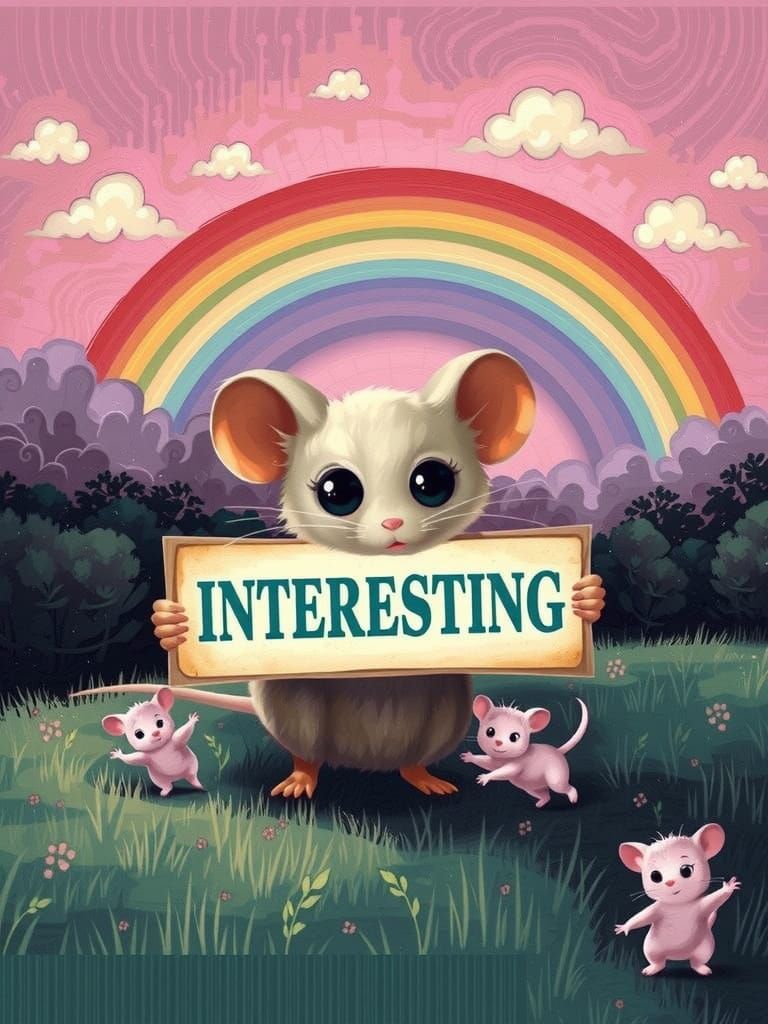 A cute gray mouse holding a sign that says INTERESTING