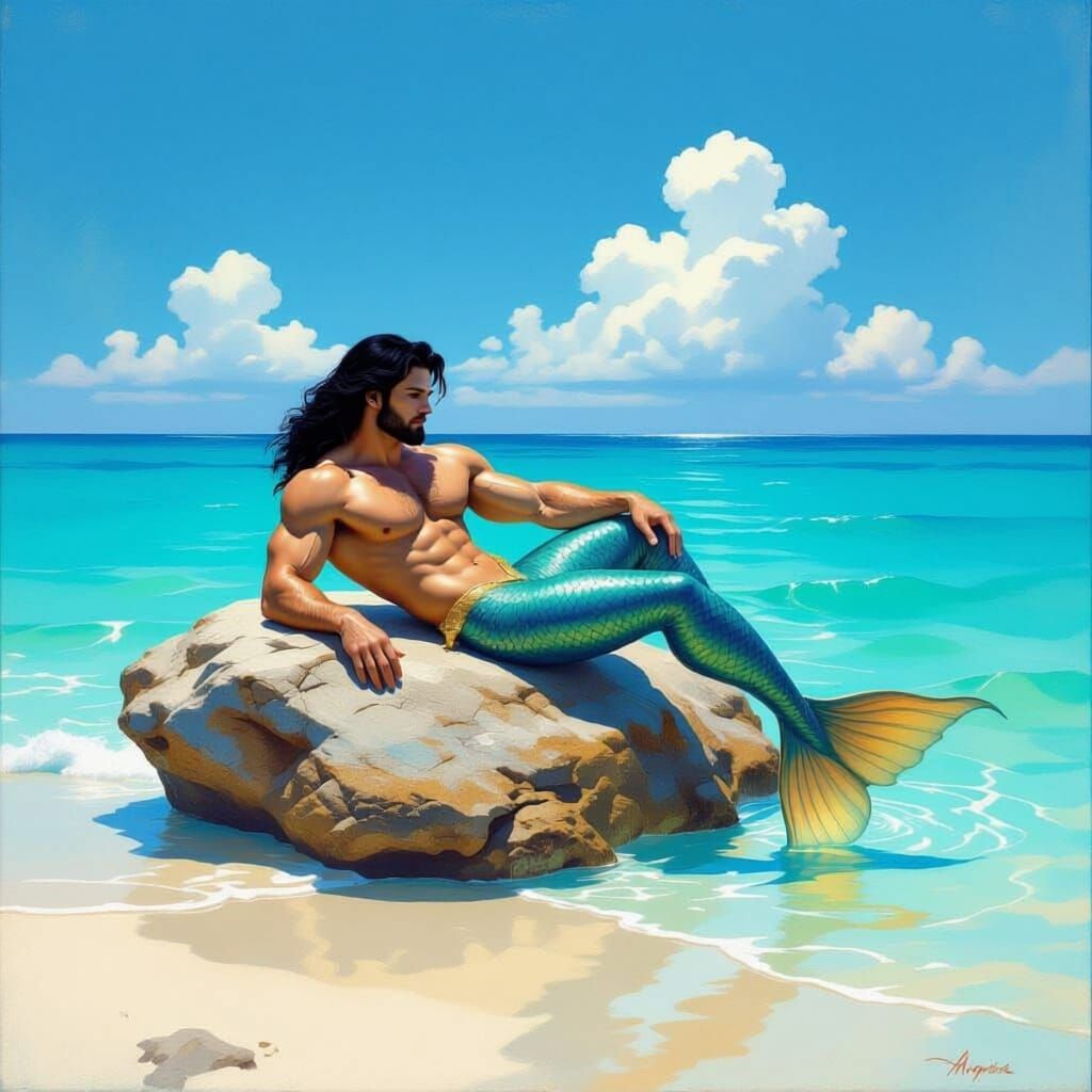 Muscular Merman Reclining on Beach Boulder