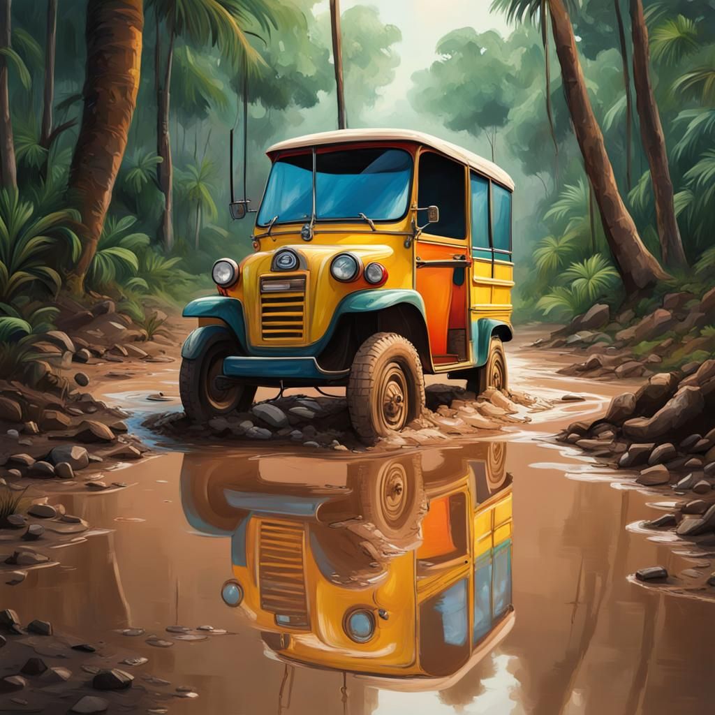 Cambodian Tuk-Tuk Stuck in Mud, Splash Art