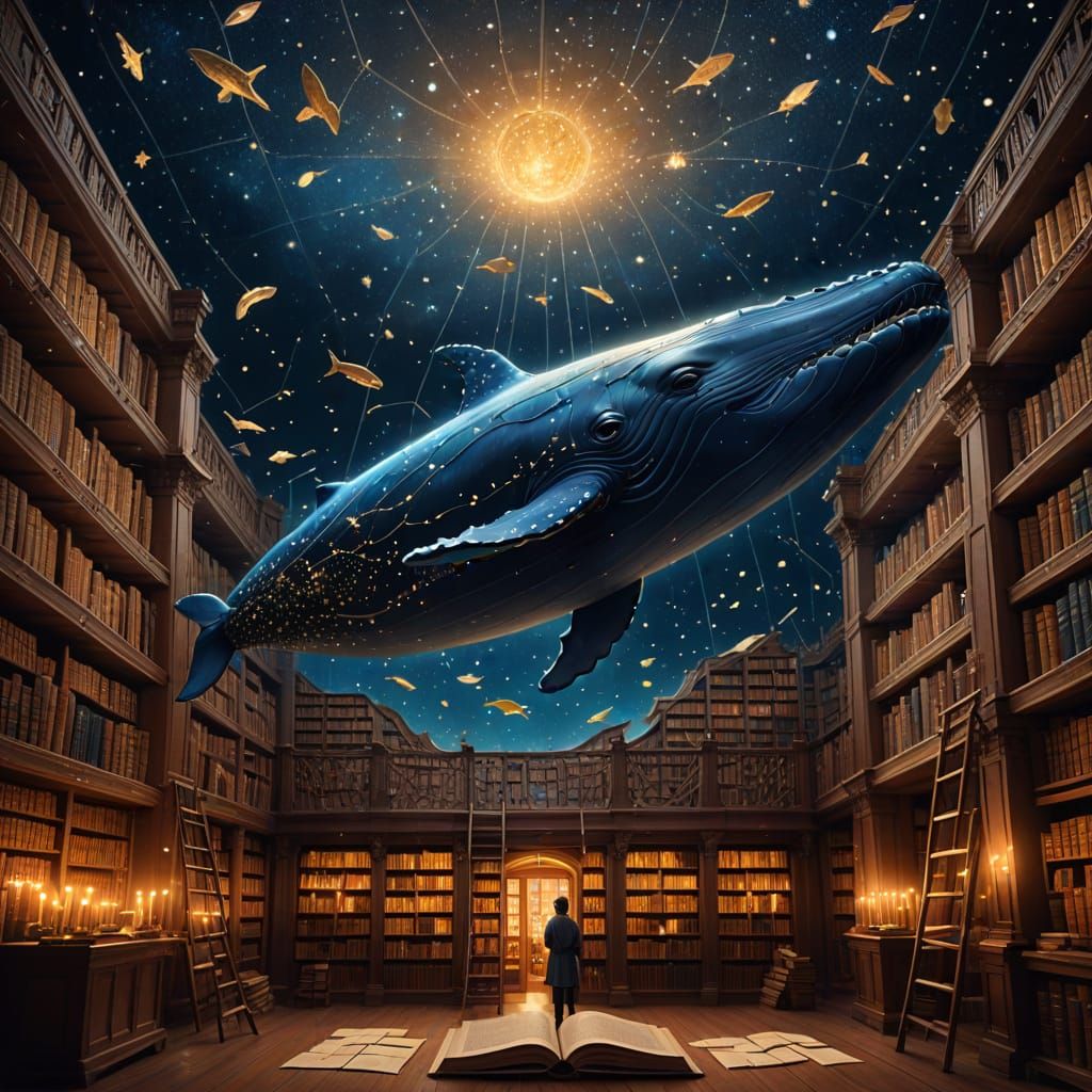 Colossal Paper Whale Floats in Midnight Library