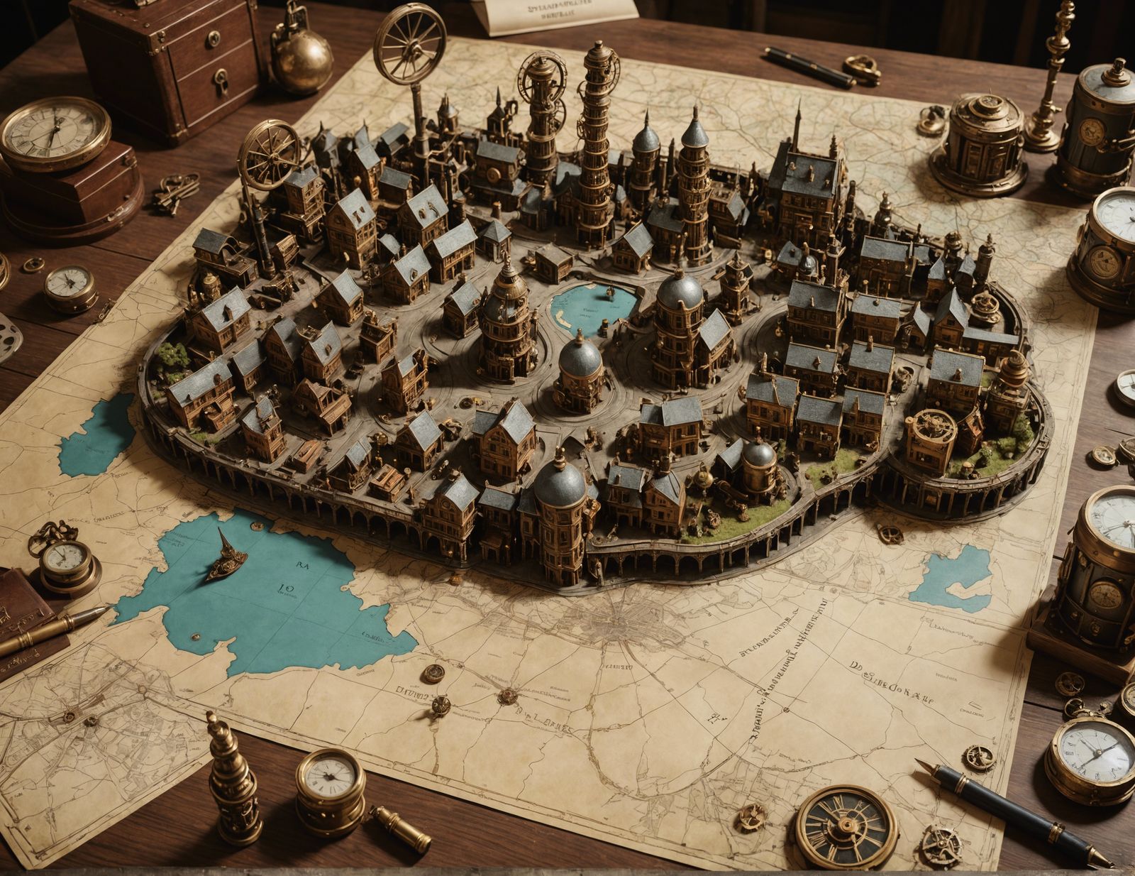 3D Steampunk Town Map on Desk